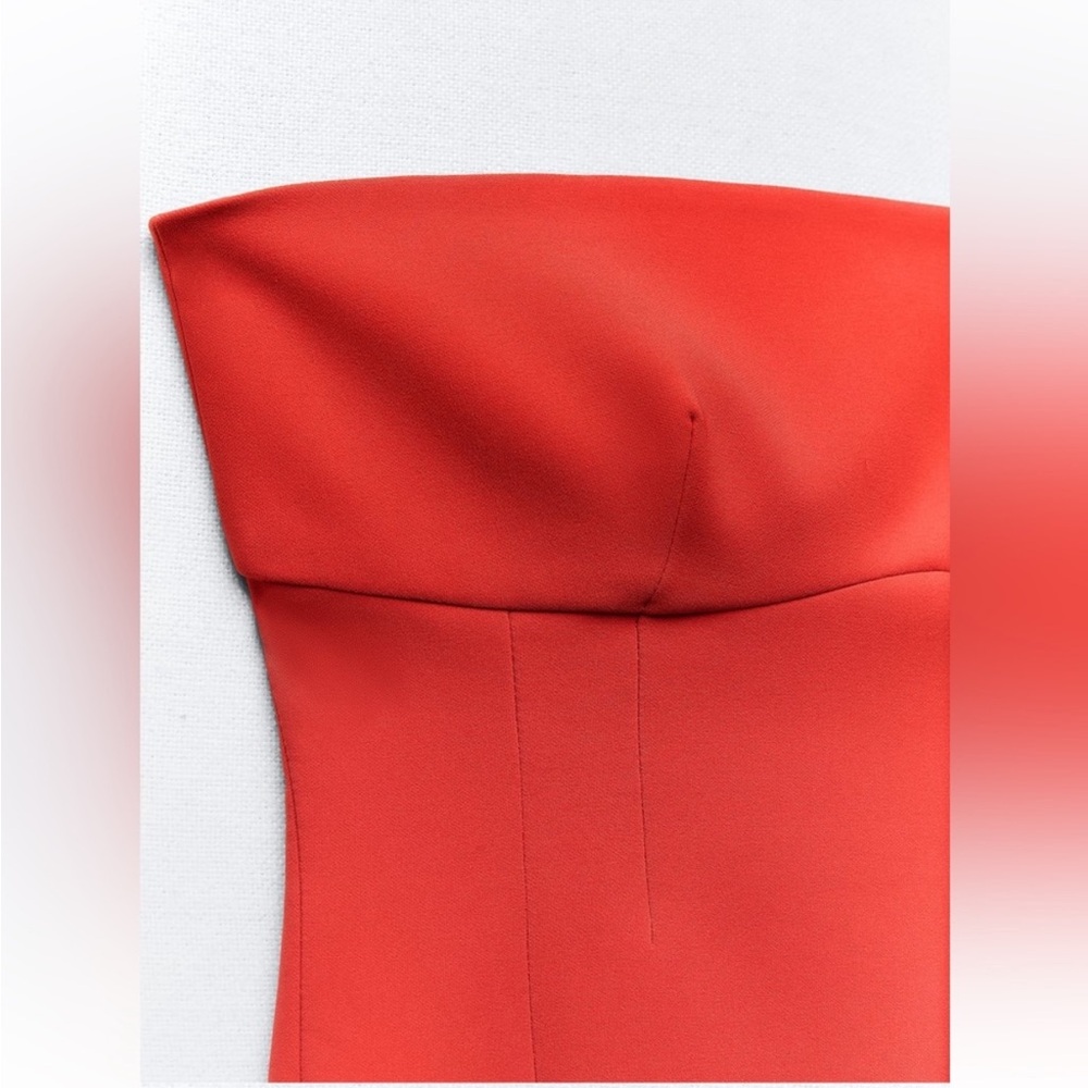 Zara Red Fitted Strapless Bodycon Midi Dress straight neckline Stretchy NWT - Picture 7 of 10